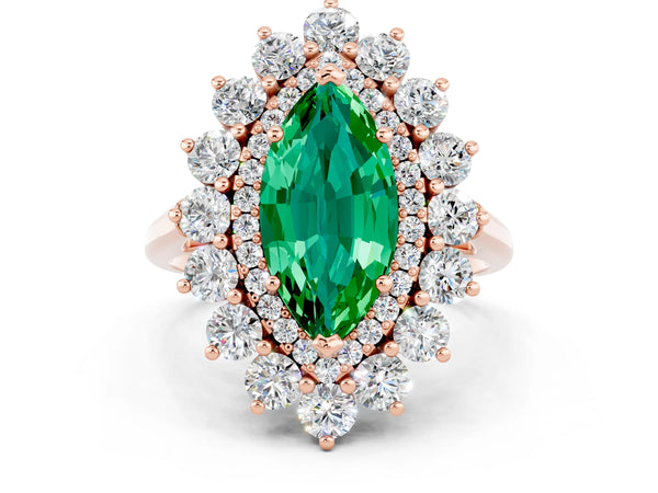 Rose gold Marquise Cut Emerald Floral Double Halo Engagement Ring with Prong Setting