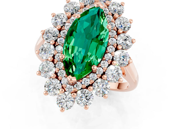 Rose gold Marquise Cut Emerald Floral Double Halo Engagement Ring with Prong Setting