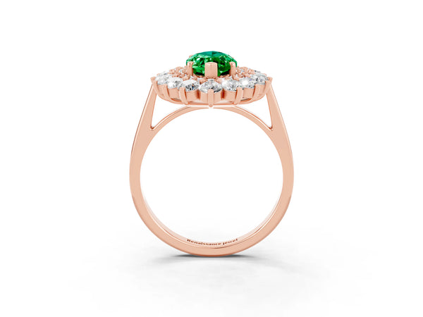 Rose gold Marquise Cut Emerald Floral Double Halo Engagement Ring with Prong Setting