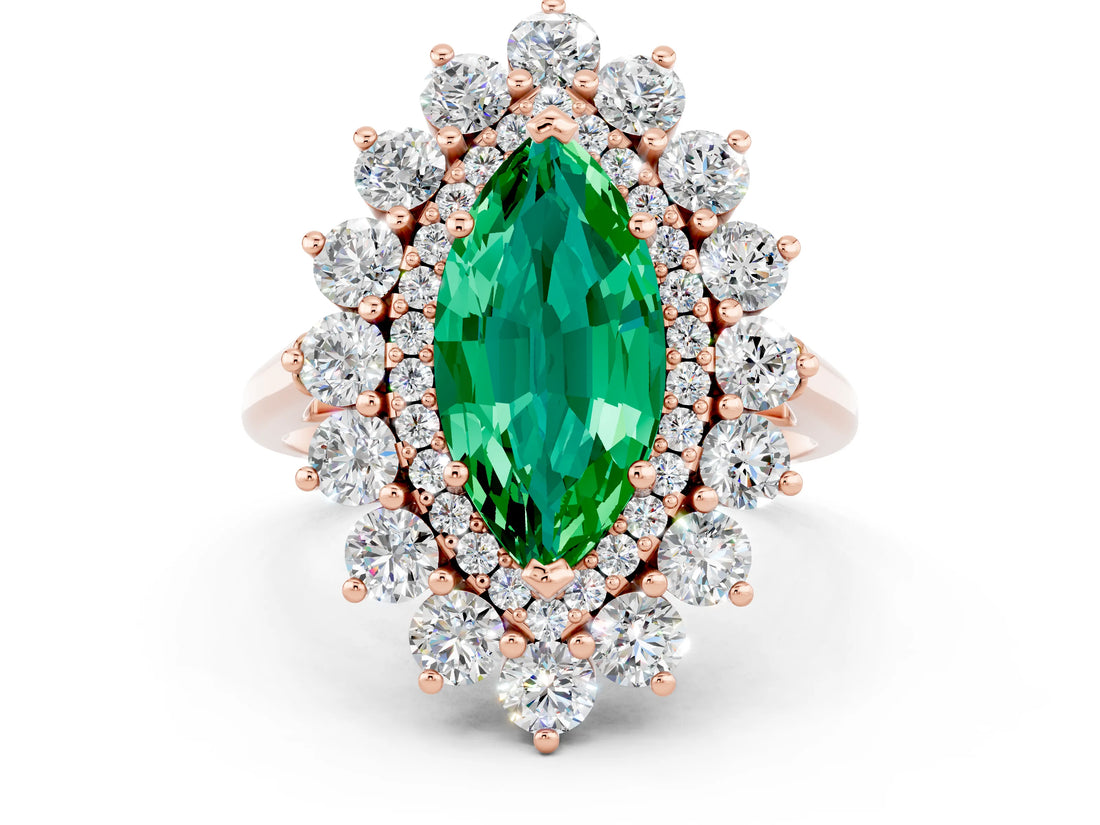 Rose gold Marquise Cut Emerald Floral Double Halo Engagement Ring with Prong Setting_60