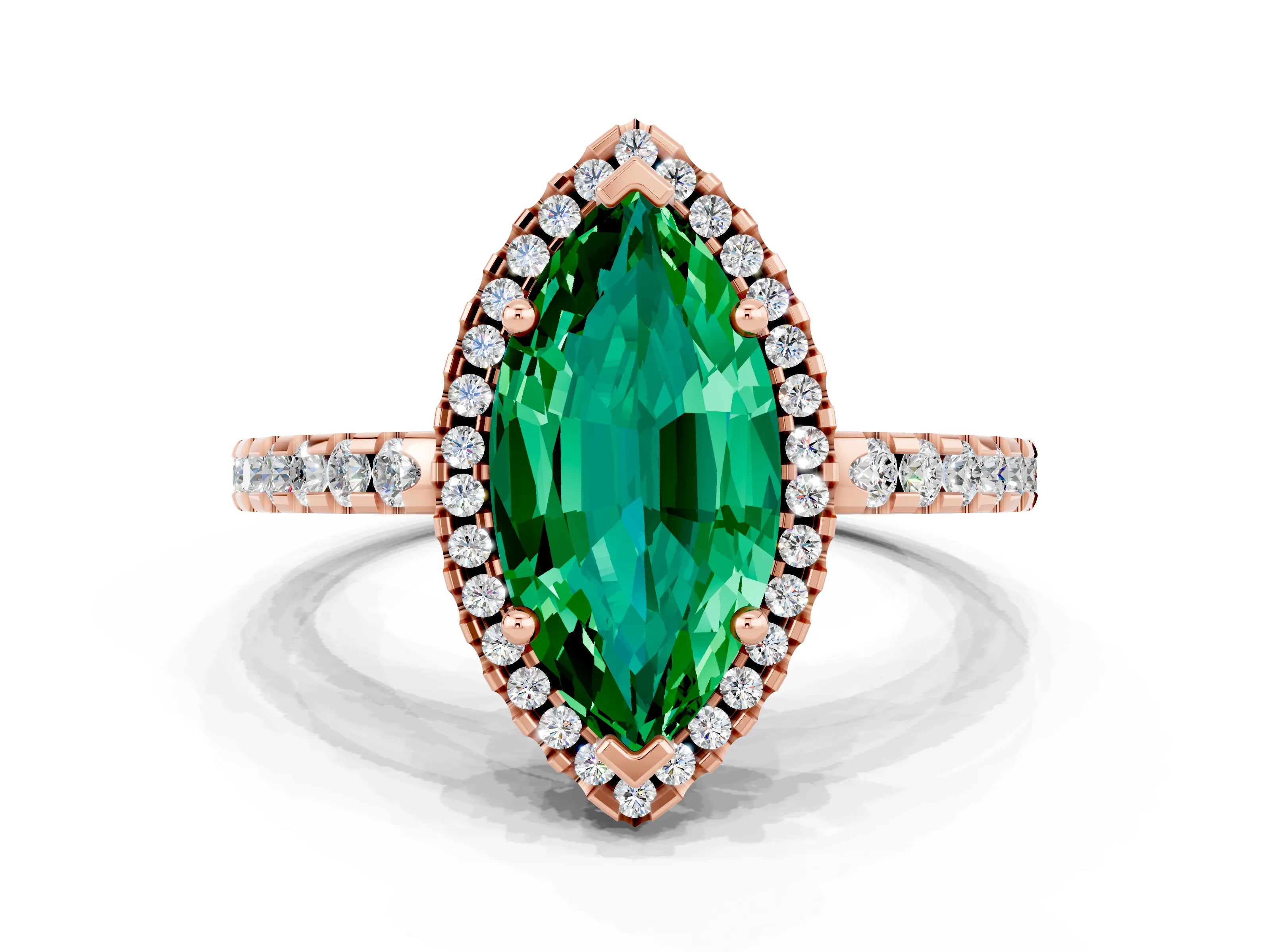 Rose gold Marquise Cut Emerald Halo Engagement Ring with Pavé Band and Prong Setting_12