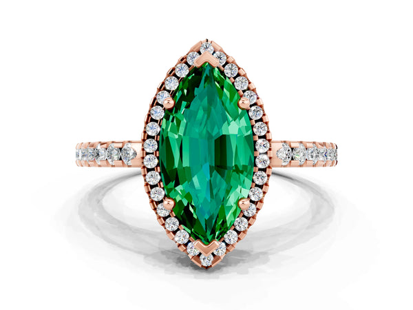 Rose gold Marquise Cut Emerald Halo Engagement Ring with Pavé Band and Prong Setting