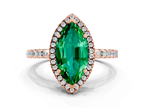 Rose gold Marquise Cut Emerald Halo Engagement Ring with Pavé Band and Prong Setting_12
