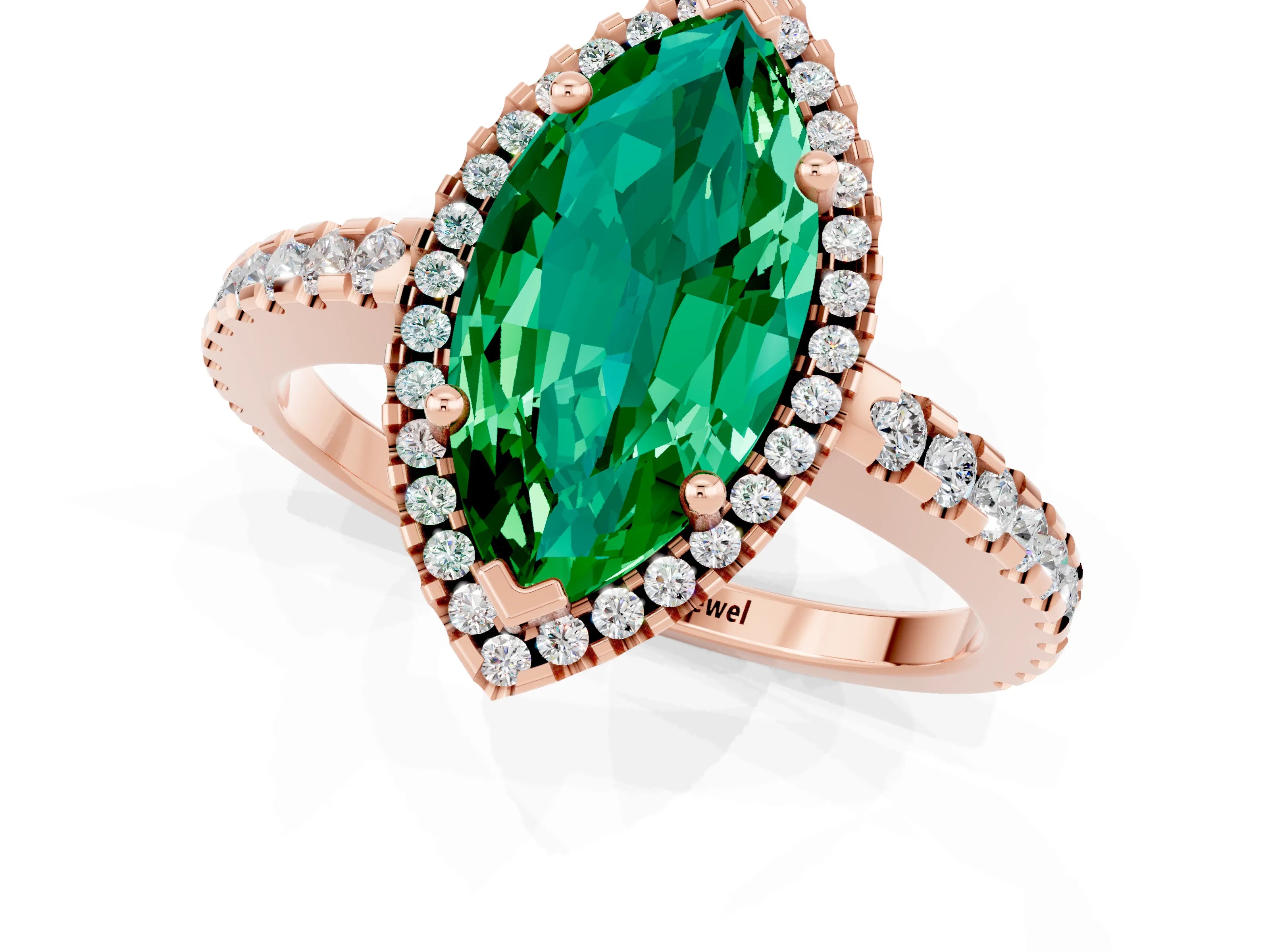 Rose gold Marquise Cut Emerald Halo Engagement Ring with Pavé Band and Prong Setting_13