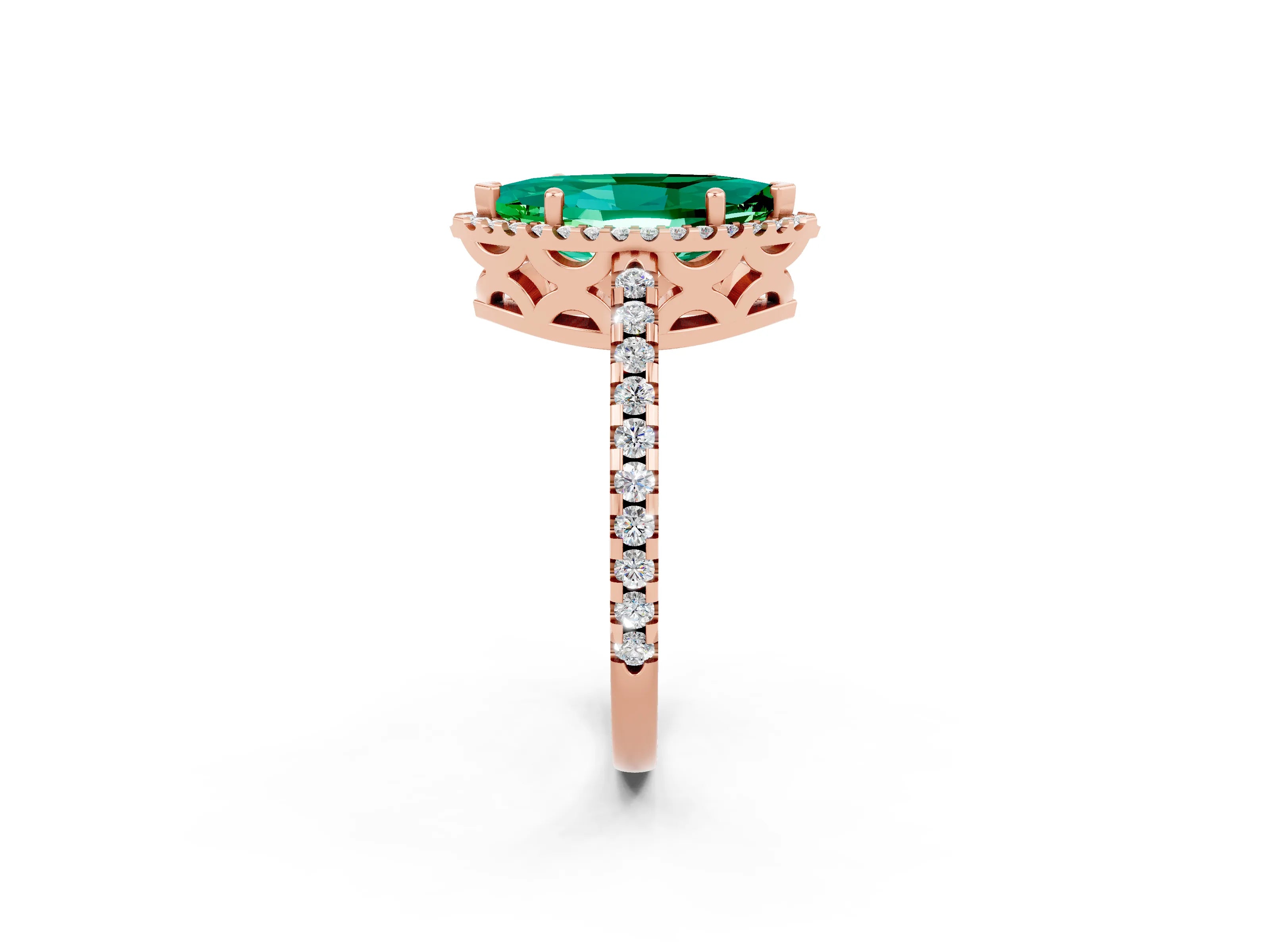 Rose gold Marquise Cut Emerald Halo Engagement Ring with Pavé Band and Prong Setting_14
