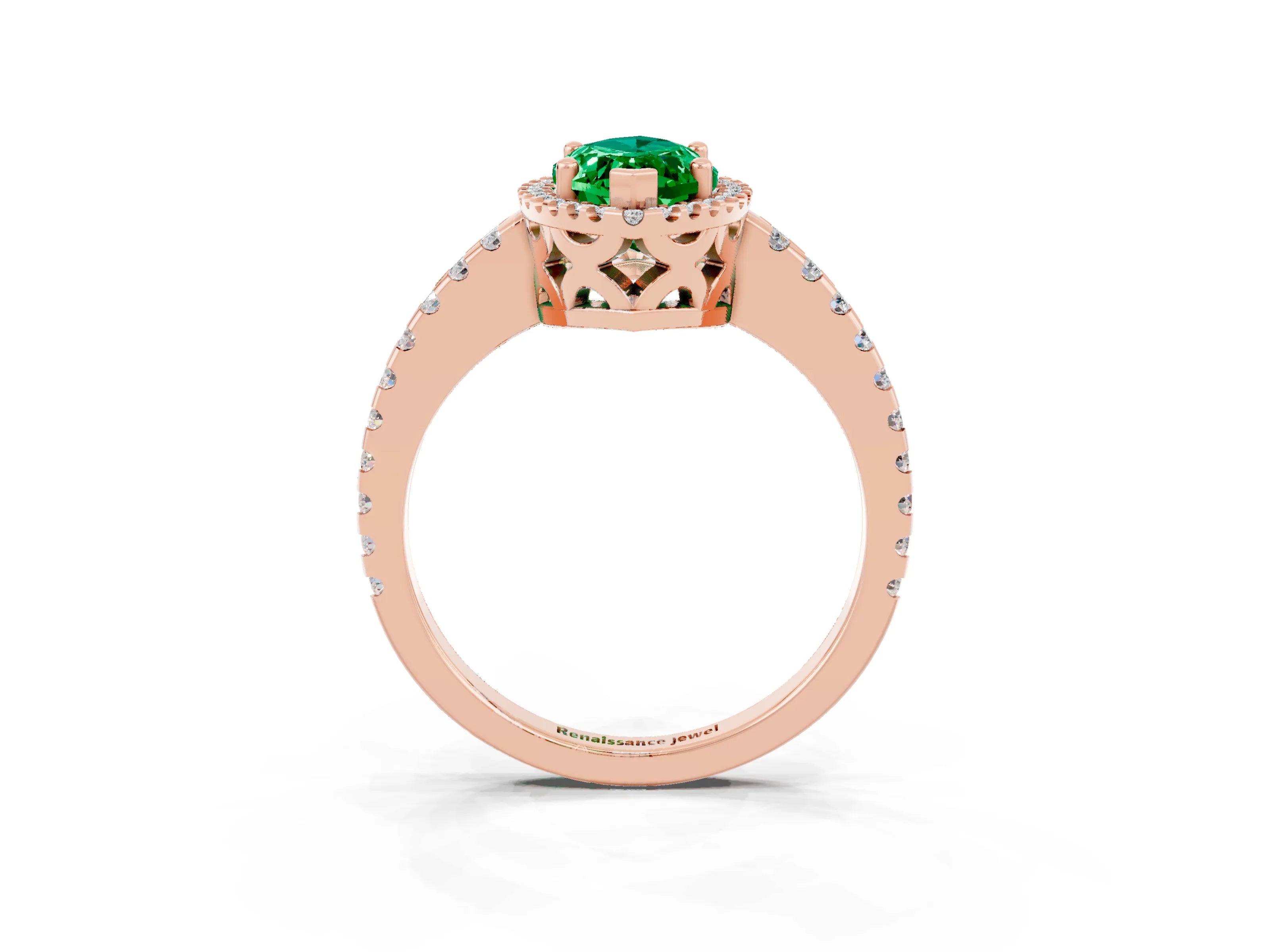 Rose gold Marquise Cut Emerald Halo Engagement Ring with Pavé Band and Prong Setting_15