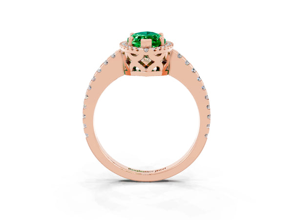 Rose gold Marquise Cut Emerald Halo Engagement Ring with Pavé Band and Prong Setting