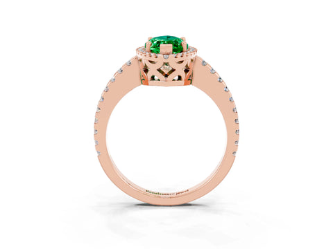 Rose gold Marquise Cut Emerald Halo Engagement Ring with Pavé Band and Prong Setting_15