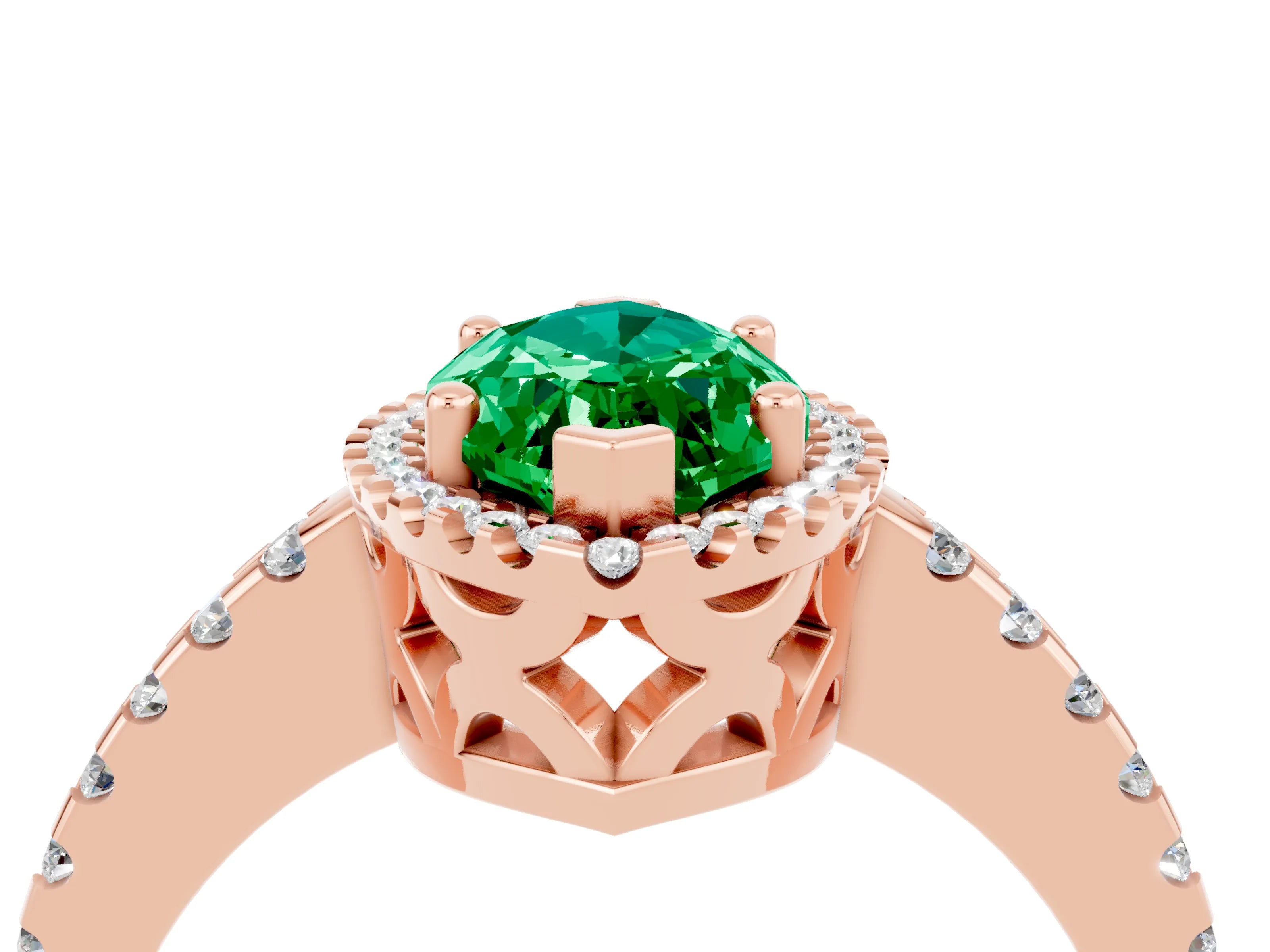 Rose gold Marquise Cut Emerald Halo Engagement Ring with Pavé Band and Prong Setting_16