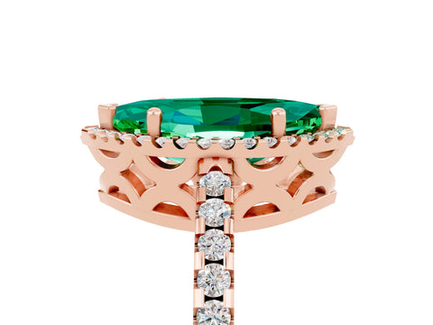 Rose gold Marquise Cut Emerald Halo Engagement Ring with Pavé Band and Prong Setting_17