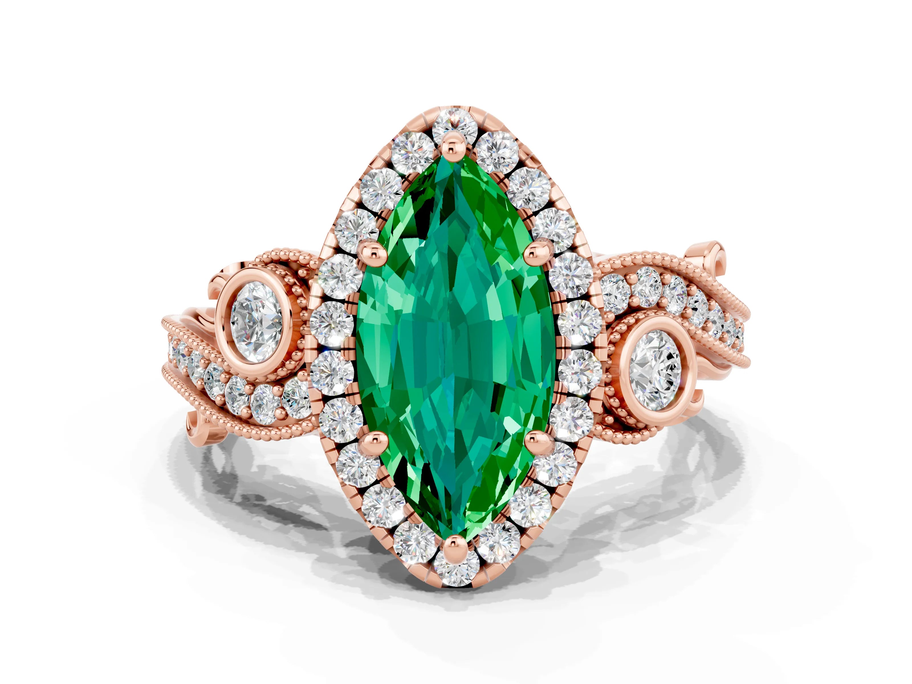 Rose gold Marquise Cut Emerald Halo Ring with Milgrain Pavé Band and Four-Prong Setting_12
