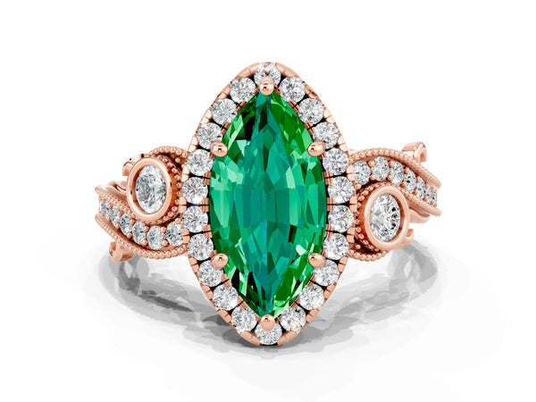 Rose gold Marquise Cut Emerald Halo Ring with Milgrain Pavé Band and Four-Prong Setting