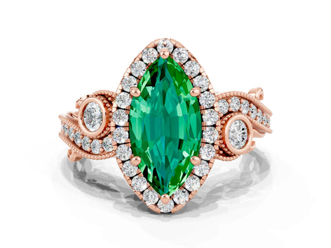 Rose gold Marquise Cut Emerald Halo Ring with Milgrain Pavé Band and Four-Prong Setting_12