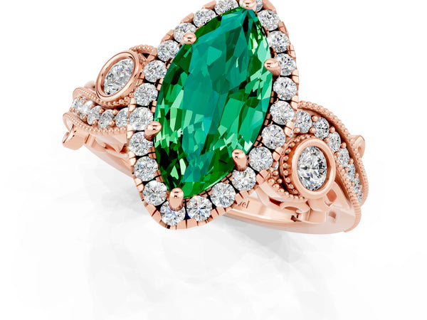 Rose gold Marquise Cut Emerald Halo Ring with Milgrain Pavé Band and Four-Prong Setting