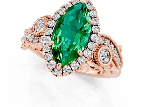 Rose gold Marquise Cut Emerald Halo Ring with Milgrain Pavé Band and Four-Prong Setting_13