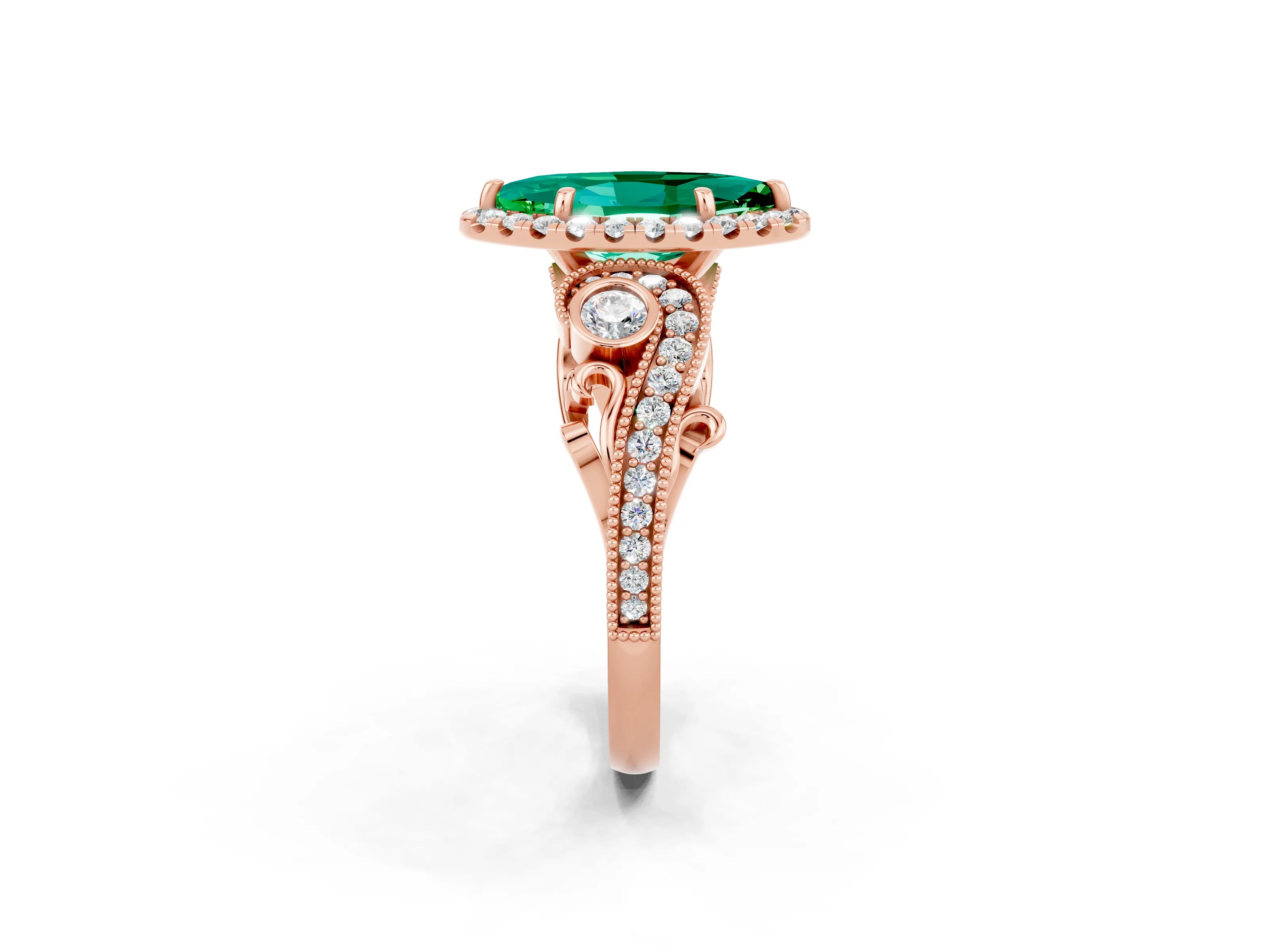 Rose gold Marquise Cut Emerald Halo Ring with Milgrain Pavé Band and Four-Prong Setting_14