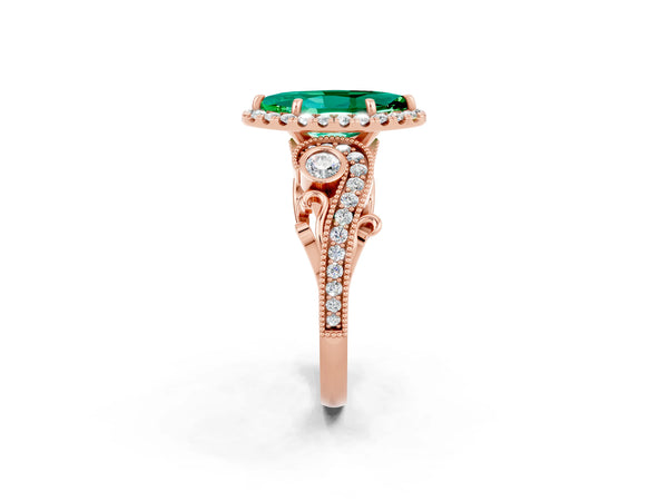 Rose gold Marquise Cut Emerald Halo Ring with Milgrain Pavé Band and Four-Prong Setting