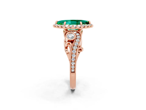 Rose gold Marquise Cut Emerald Halo Ring with Milgrain Pavé Band and Four-Prong Setting_14