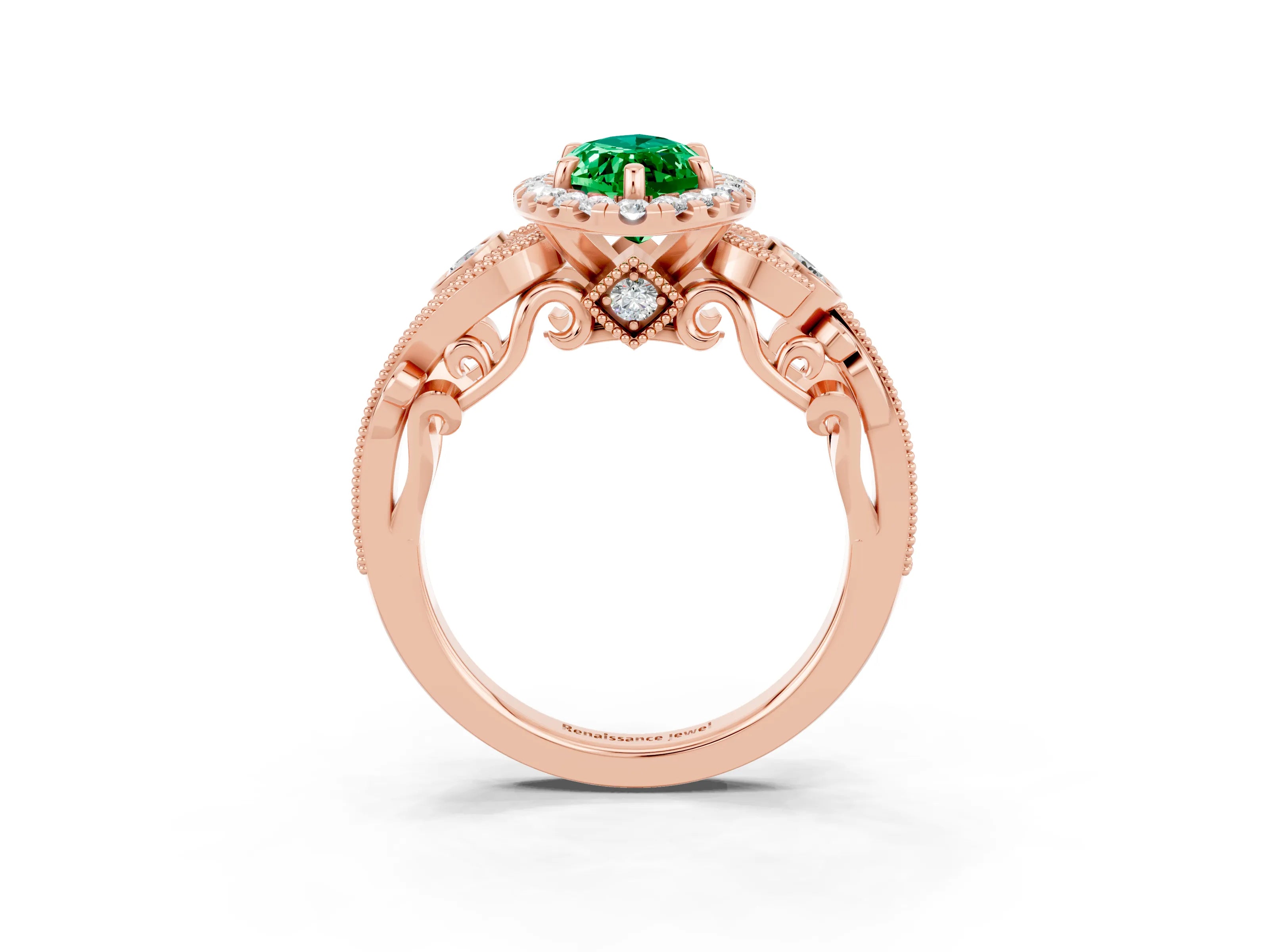 Rose gold Marquise Cut Emerald Halo Ring with Milgrain Pavé Band and Four-Prong Setting_15