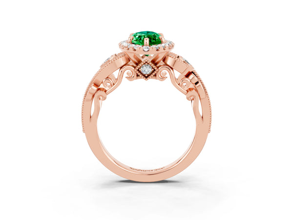 Rose gold Marquise Cut Emerald Halo Ring with Milgrain Pavé Band and Four-Prong Setting
