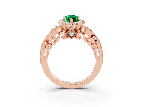 Rose gold Marquise Cut Emerald Halo Ring with Milgrain Pavé Band and Four-Prong Setting_15