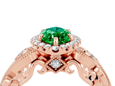 Rose gold Marquise Cut Emerald Halo Ring with Milgrain Pavé Band and Four-Prong Setting_16