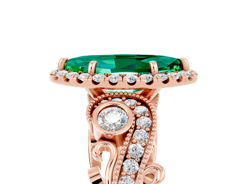 Rose gold Marquise Cut Emerald Halo Ring with Milgrain Pavé Band and Four-Prong Setting_17