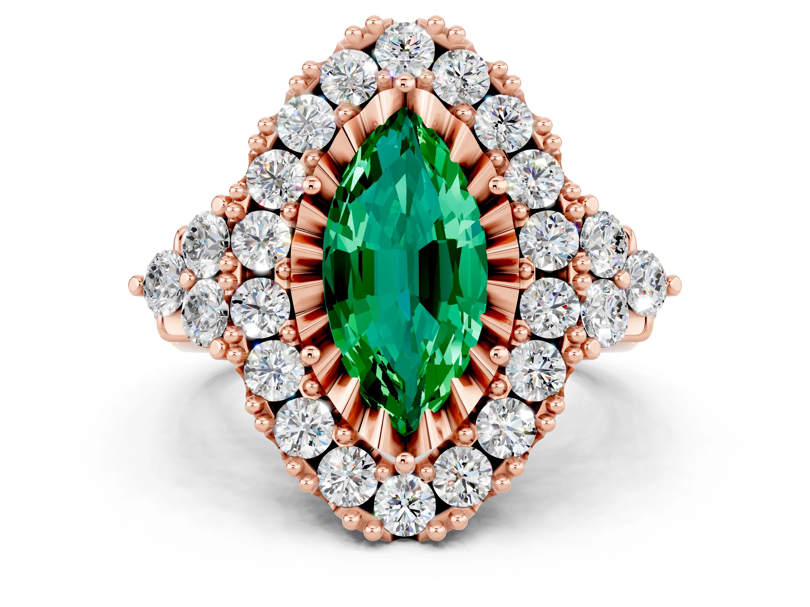 Rose gold Marquise Cut Emerald Halo Ring with Pavé Band and Four-Prong Setting_12
