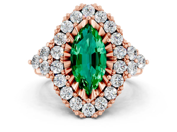 Rose gold Marquise Cut Emerald Halo Ring with Pavé Band and Four-Prong Setting