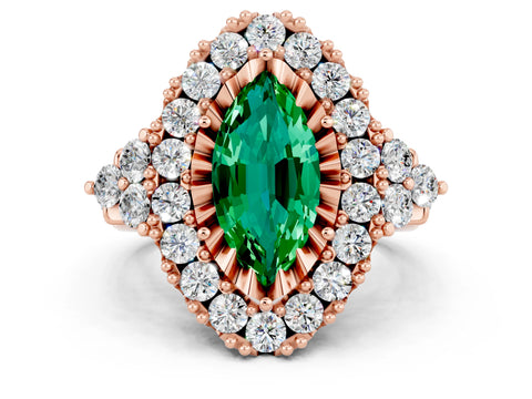Rose gold Marquise Cut Emerald Halo Ring with Pavé Band and Four-Prong Setting_12