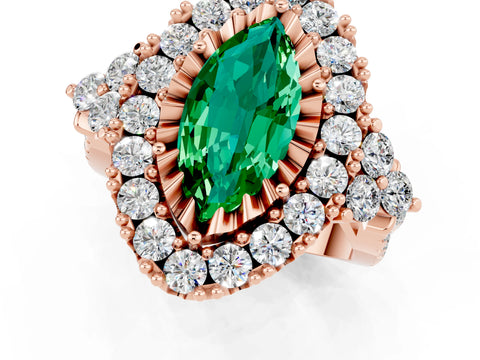 Rose gold Marquise Cut Emerald Halo Ring with Pavé Band and Four-Prong Setting_13
