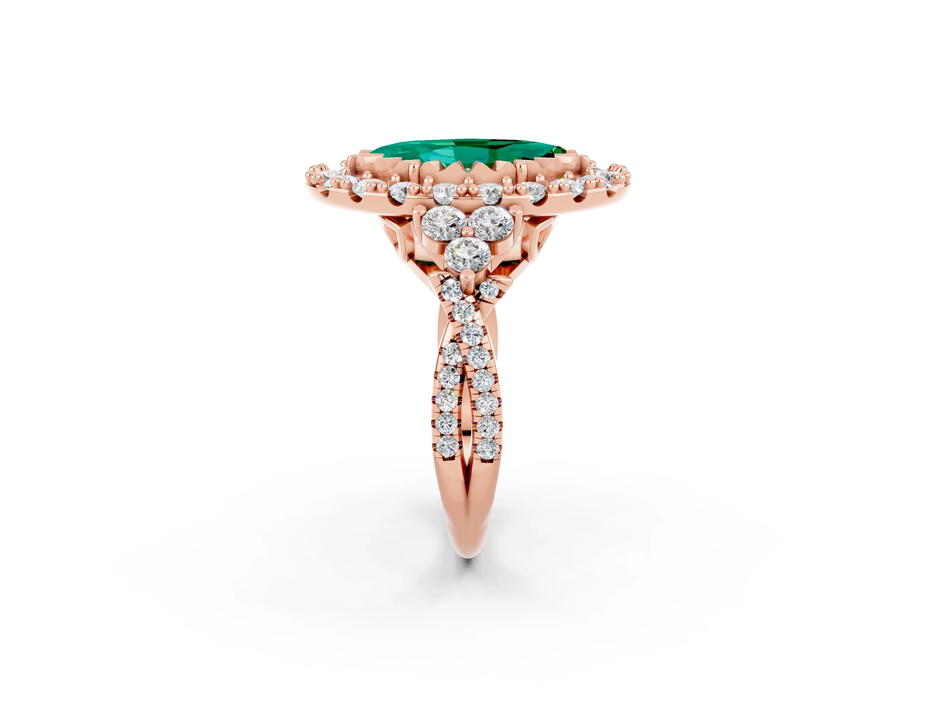 Rose gold Marquise Cut Emerald Halo Ring with Pavé Band and Four-Prong Setting_14