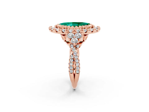 Rose gold Marquise Cut Emerald Halo Ring with Pavé Band and Four-Prong Setting_14