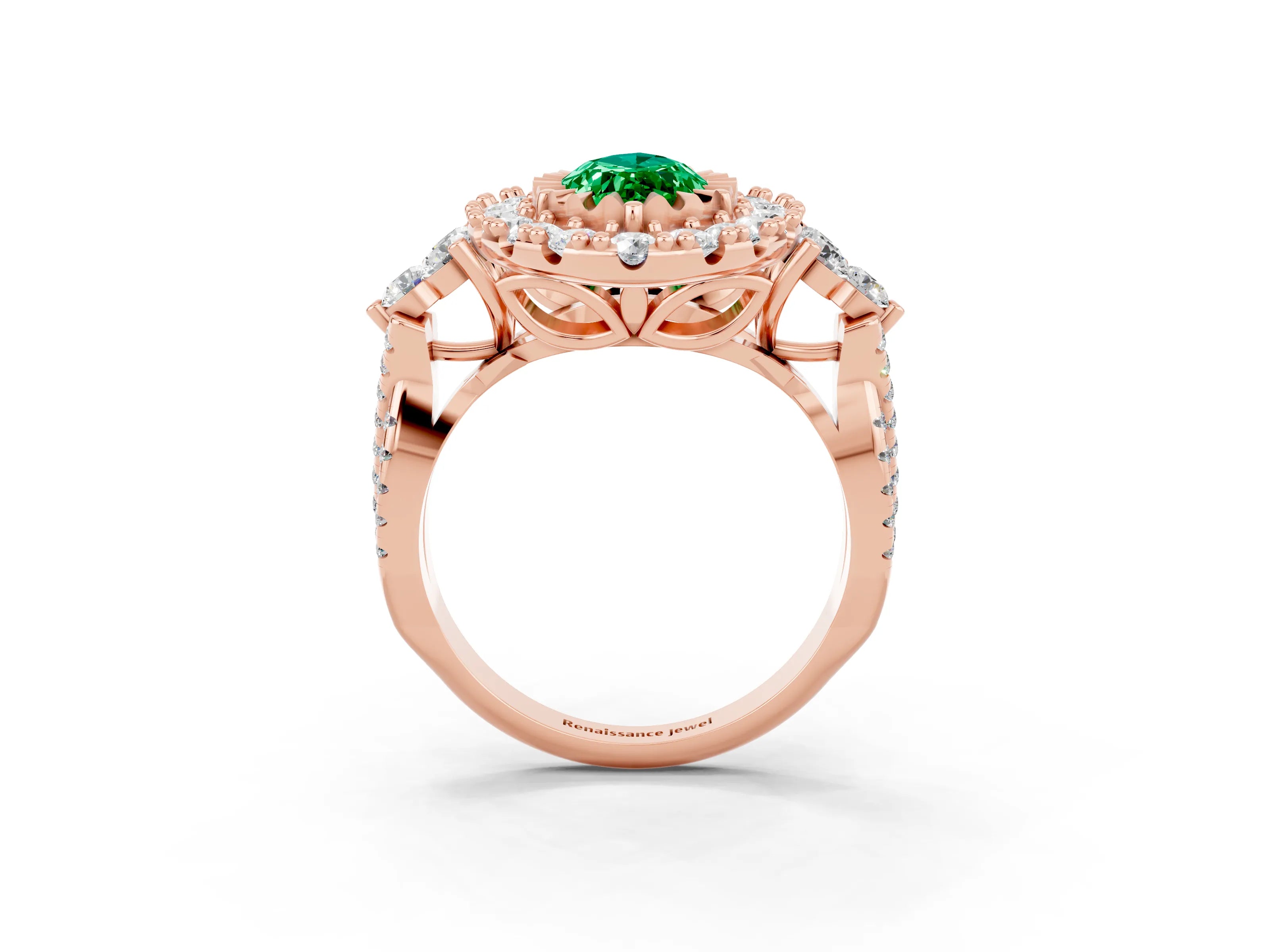 Rose gold Marquise Cut Emerald Halo Ring with Pavé Band and Four-Prong Setting_15