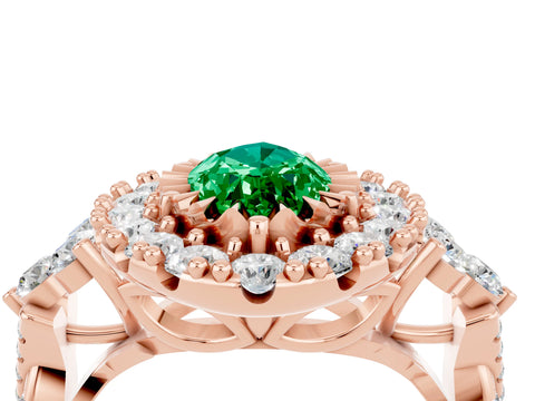 Rose gold Marquise Cut Emerald Halo Ring with Pavé Band and Four-Prong Setting_16
