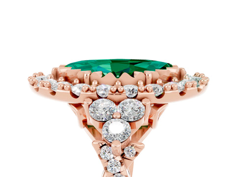 Rose gold Marquise Cut Emerald Halo Ring with Pavé Band and Four-Prong Setting_17