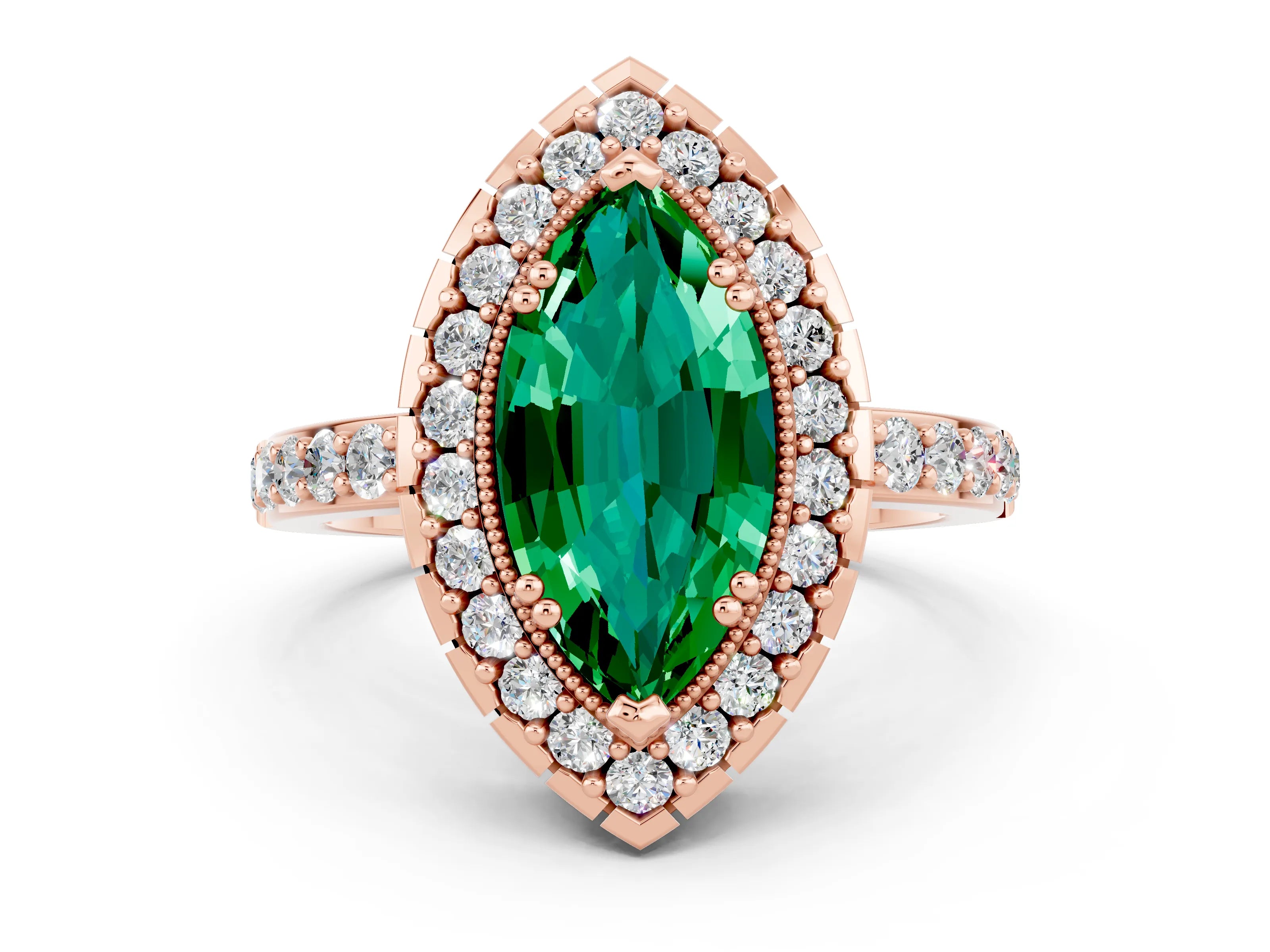 Rose gold Marquise Cut Emerald Halo Ring with Pavé Band and Prong Setting