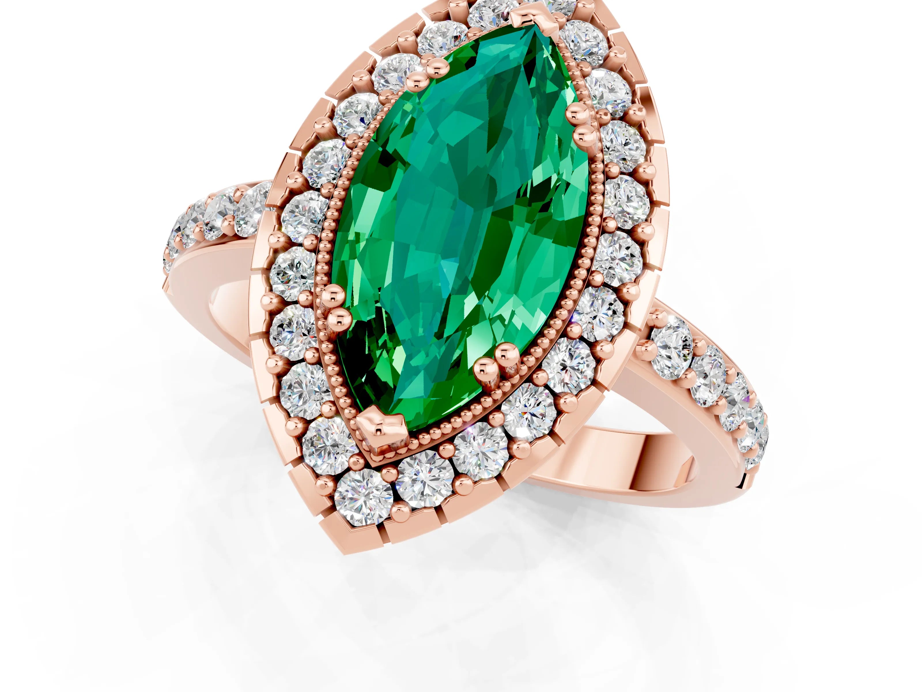 Rose gold Marquise Cut Emerald Halo Ring with Pavé Band and Prong Setting_1