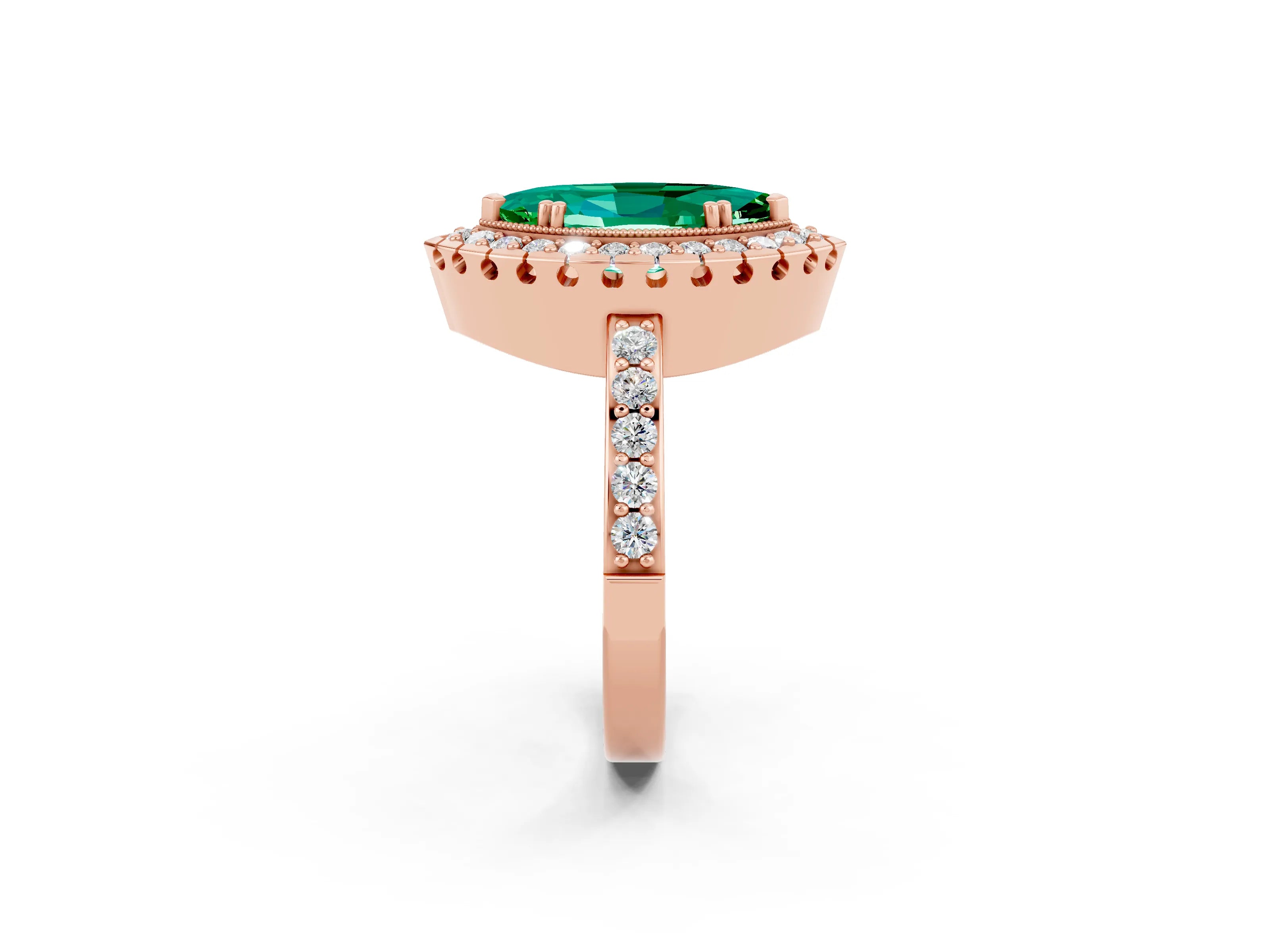 Rose gold Marquise Cut Emerald Halo Ring with Pavé Band and Prong Setting_2