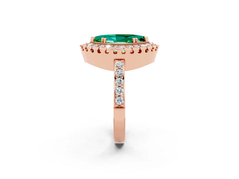Rose gold Marquise Cut Emerald Halo Ring with Pavé Band and Prong Setting_2