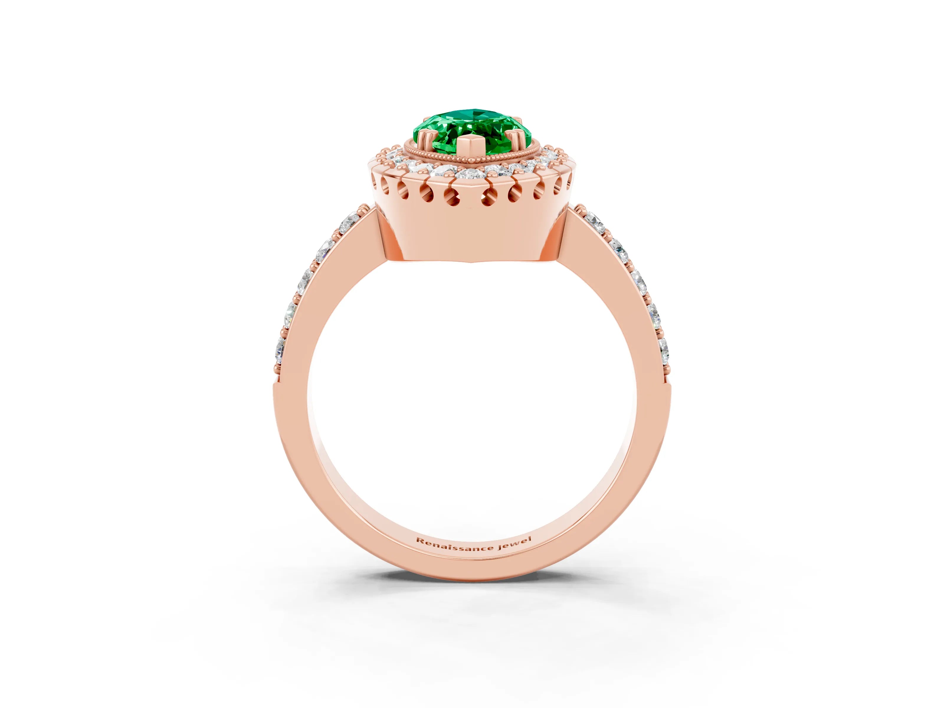 Rose gold Marquise Cut Emerald Halo Ring with Pavé Band and Prong Setting_3