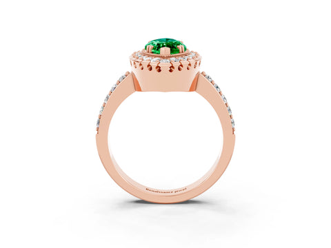 Rose gold Marquise Cut Emerald Halo Ring with Pavé Band and Prong Setting_3