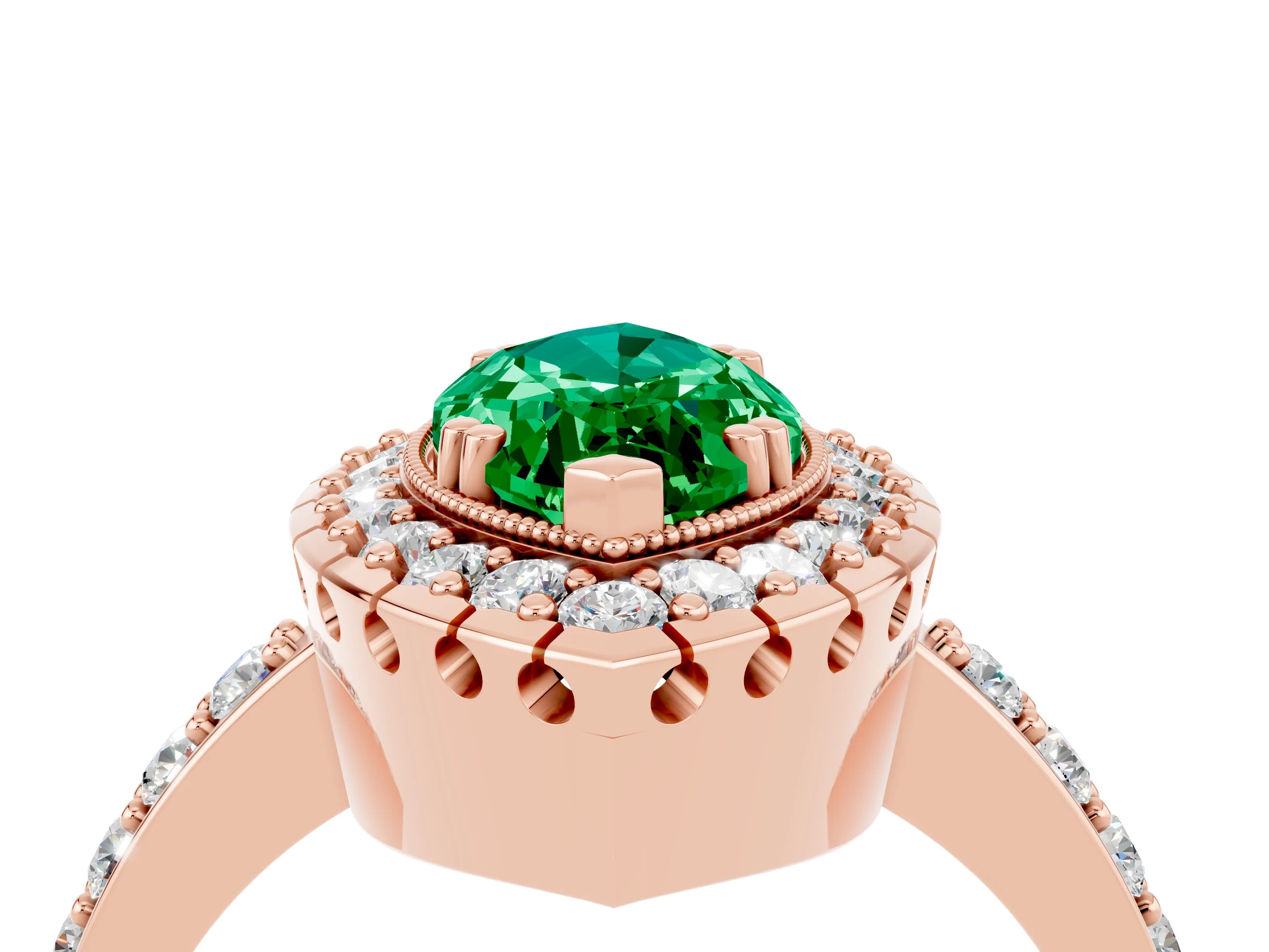 Rose gold Marquise Cut Emerald Halo Ring with Pavé Band and Prong Setting_4