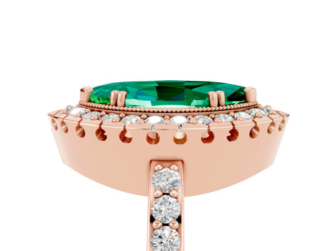 Rose gold Marquise Cut Emerald Halo Ring with Pavé Band and Prong Setting_5