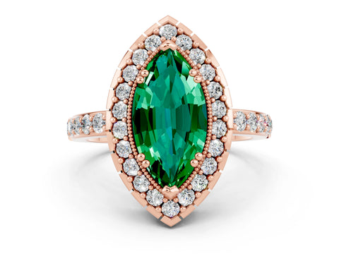 Rose gold Marquise Cut Emerald Halo Ring with Pavé Band and Prong Setting