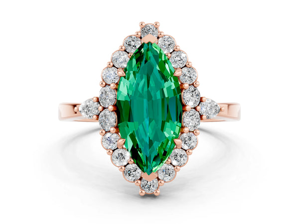 Rose gold Marquise Cut Emerald Halo Ring with Pear Side Stones and Prong Setting