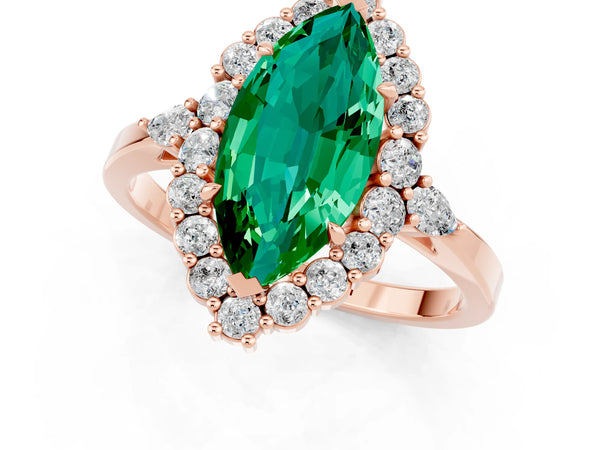 Rose gold Marquise Cut Emerald Halo Ring with Pear Side Stones and Prong Setting