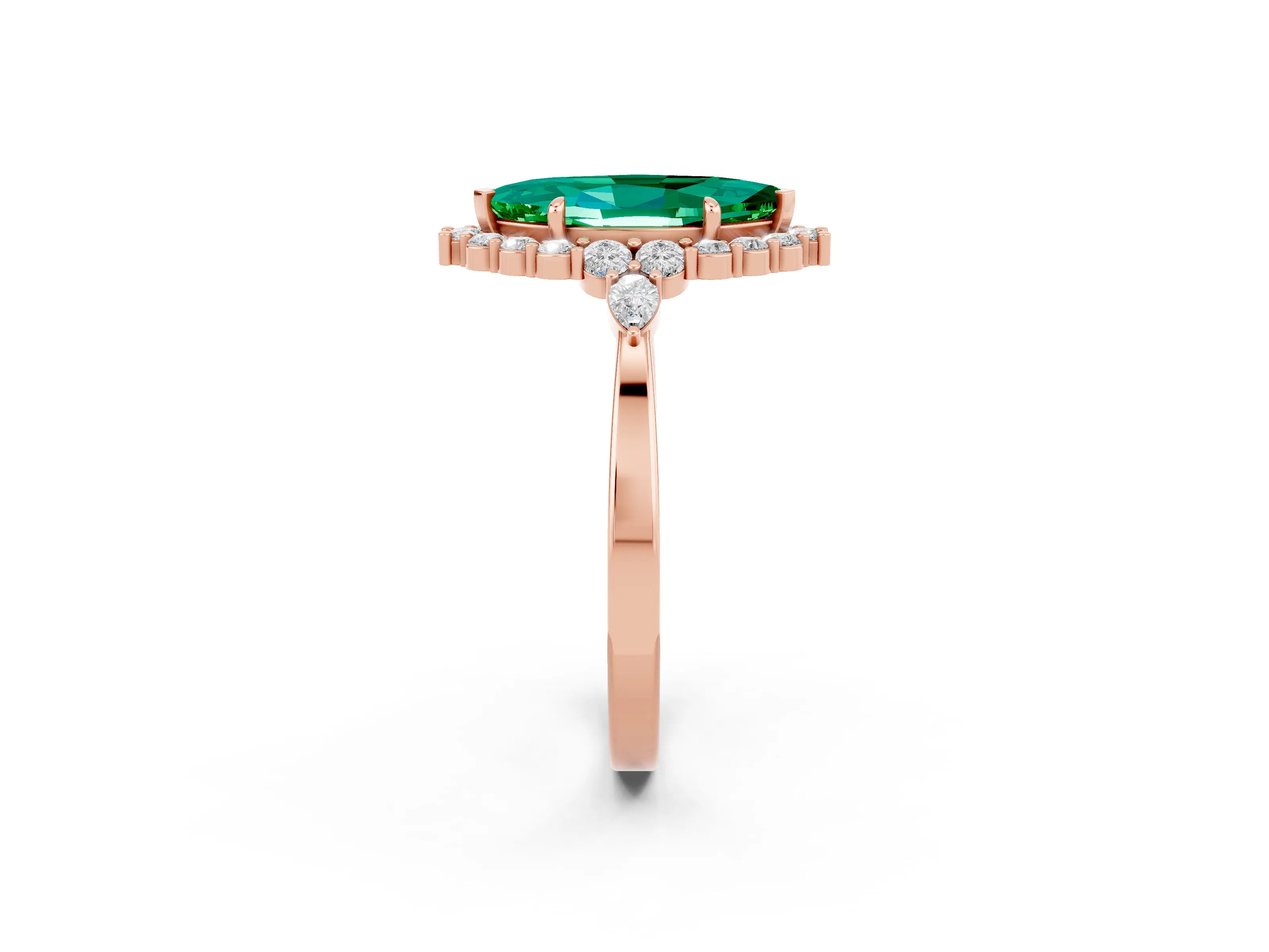 Rose gold Marquise Cut Emerald Halo Ring with Pear Side Stones and Prong Setting_14