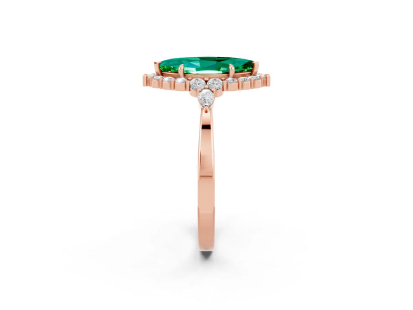 Rose gold Marquise Cut Emerald Halo Ring with Pear Side Stones and Prong Setting