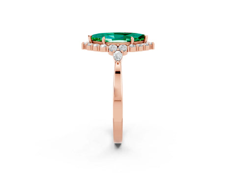 Rose gold Marquise Cut Emerald Halo Ring with Pear Side Stones and Prong Setting_14